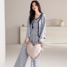 批发【带胸垫】春秋新款纯棉女长袖<b class='q'>长裤</b>背心三件套睡衣休闲女家居服