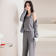 批发【带胸垫】春秋新款纯棉女长袖<b class='q'>长裤</b>背心三件套睡衣休闲女家居服