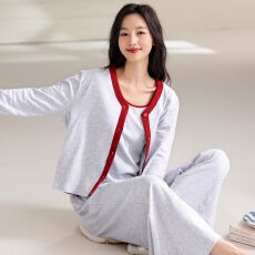 带胸垫春秋新款纯棉女长袖长裤背心三件套睡衣休闲女家居服