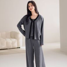带胸垫春秋新款纯棉女长袖长裤背心三件套睡衣休闲女家居服