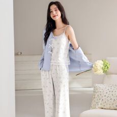 带胸垫春秋新款纯棉女长袖长裤背心三件套睡衣休闲女家居服