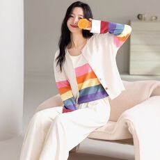 批发【带胸垫】春秋新款纯棉女长袖<b class='q'>长裤</b>背心三件套睡衣休闲女家居服