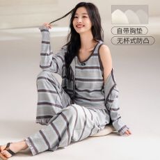 批发【带胸垫】春秋新款纯棉女长袖<b class='q'>长裤</b>背心三件套睡衣休闲女家居服