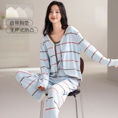 批发【带胸垫】春秋新款纯棉女长袖<b class='q'>长裤</b>背心三件套睡衣休闲女家居服