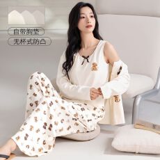 批发【带胸垫】春秋新款纯棉女长袖<b class='q'>长裤</b>背心三件套睡衣休闲女家居服