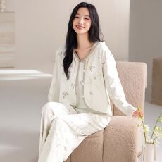 批发【带胸垫】春秋新款纯棉女长袖<b class='q'>长裤</b>背心三件套睡衣休闲女家居服