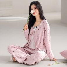 批发【带胸垫】春秋新款纯棉女长袖<b class='q'>长裤</b>背心三件套睡衣休闲女家居服