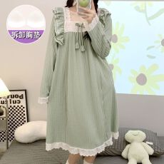 批发睡美福6535提花睡衣女甜美带胸垫可拆长袖中长睡裙加肥胖MM240斤