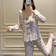 批发新款<b class='q'>莫代尔</b>睡衣少女士长袖长裤<b class='q'>开衫</b>春秋季甜美家居服套装