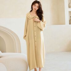 批发双层云感纱布云朵棉翻领睡裙女长袖开衫柔软少女长款连衣裙家居服