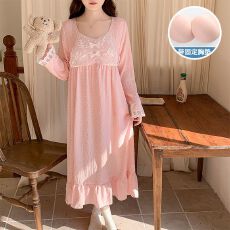 批发春季新款<b class='q'>睡裙</b>女带胸垫梭织提花云朵棉<b class='q'>公主</b>风家居服长裙