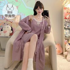 批发春夏睡衣女甜美带胸垫<b class='q'>吊带</b>开衫长袖睡袍大码220斤两件家居服<b class='q'>睡裙</b>
