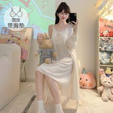 批发春夏睡衣女甜美带胸垫<b class='q'>吊带</b>开衫长袖睡袍大码220斤两件家居服<b class='q'>睡裙</b>