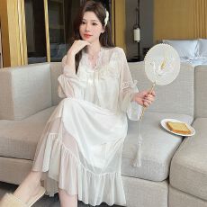批发可拆卸胸垫气质网纱睡衣女<b class='q'>公主</b>风长袖<b class='q'>睡裙</b>