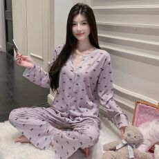 批发睡衣女春季新款螺纹冰丝印花开衫长袖套装韩版宽松<b class='q'>甜美</b>可爱家居服