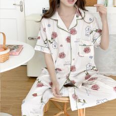 批发睡衣女春夏季仿棉绉布开衫短长套装宽松大码220斤可穿家居服M-5XL