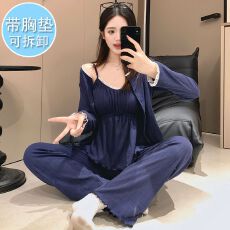 批发带胸垫睡衣女春秋新款6535棉开衫印花三件套装韩版性感休闲家居服