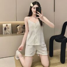 批发睡衣女夏季新款6535棉印花开衫韩版性感小碎花吊带家居服两件套装