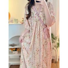 批发云朵棉睡袍女夏季<b class='q'>短袖</b>莫奈花园长款睡裙<b class='q'>睡衣</b>洗澡浴袍系带家居服