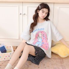 批发夏季新款<b class='q'>睡衣</b>女拉架仿<b class='q'>棉</b>圆领套头短袖短裤可爱家居服套装