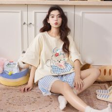 批发夏季新款<b class='q'>睡衣</b>女拉架仿<b class='q'>棉</b>圆领套头短袖短裤可爱家居服套装