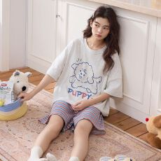 批发夏季新款<b class='q'>睡衣</b>女拉架仿<b class='q'>棉</b>圆领套头短袖短裤可爱家居服套装