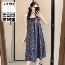 批发云朵棉印花睡衣女夏季公主风带胸垫吊带中长宽松睡裙家居服