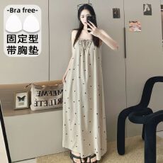 批发云朵棉印花睡衣女夏季公主风带胸垫吊带中长宽松睡裙家居服