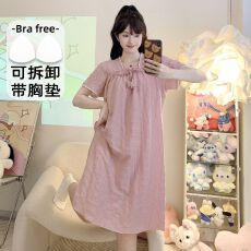 批发睡衣女夏季公主风带胸垫短袖中长睡裙大码220斤胖MM家居服