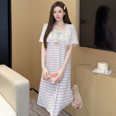 批发色织条纹睡衣女夏季公主风短袖中长睡裙大码220斤家居服
