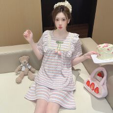 色织条纹睡衣女夏季甜美带胸垫短袖短裤大码220斤家居服