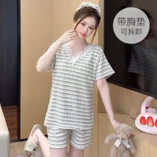 色织条纹睡衣女夏季甜美带胸垫短袖短裤大码220斤家居服