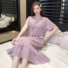批发6535棉睡裙女夏季短袖甜美可爱公主风中长睡裙宽松家居服
