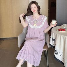 批发6535棉睡裙女夏季短袖甜美可爱公主风中长睡裙宽松家居服