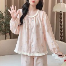 批发2026新款双长云朵棉睡衣女春秋开衫甜美清新纯色蕾丝<b class='q'>家居服</b>套装