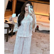 批发新中式国风睡衣女夏冰丝可外穿家居服复古少奶奶半袖长裤提花套装