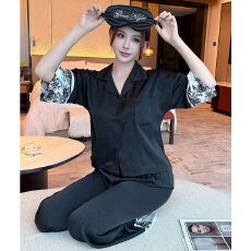 批发新中式国风睡衣女夏冰丝可外穿家居服法式轻奢感半袖长裤提花套装