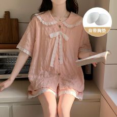批发带胸垫夏季开衫睡衣女短袖短裤套装简约甜美可外出家居服