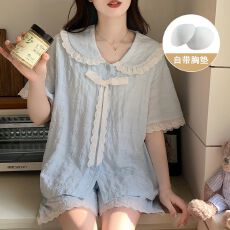 批发带胸垫夏季开衫睡衣女短袖短裤套装简约甜美可外出家居服