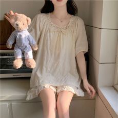 批发带胸垫夏季睡衣女短袖短裤套装简约甜美可外出家居服梭织棉