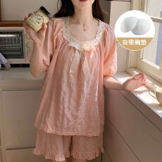 批发带胸垫夏季睡衣女短袖短裤套装简约甜美可外出家居服梭织棉