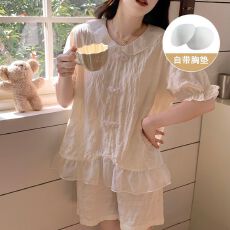 批发新品带胸垫夏季睡衣女短袖短裤套装简约甜美可外出家居服梭织棉