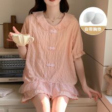 批发带胸垫夏季睡衣女短袖短裤套装简约甜美可外出家居服梭织棉