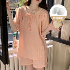 批发带胸垫夏季睡衣女短袖短裤套装简约甜美可外出家居服梭织棉