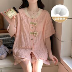 批发带胸垫夏季开衫睡衣女短袖短裤套装简约甜美可外出家居服