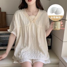 批发带胸垫夏季开衫睡衣女短袖短裤套装简约甜美可外出家居服