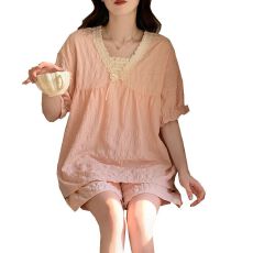 批发带胸垫夏季睡衣女短袖短裤套装简约甜美可外出家居服梭织棉