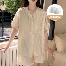 批发带胸垫夏季开衫睡衣女短袖短裤套装简约甜美可外出家居服