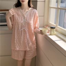 批发带胸垫夏季开衫睡衣女短袖短裤套装简约甜美可外出家居服