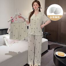 批发新品三件套莫代尔棉带胸垫夏季睡衣女短袖长<b class='q'>裤</b>短<b class='q'>裤</b>套<b class='q'>装</b>家居服